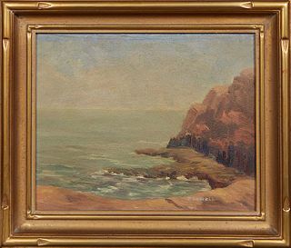 D. Lowell (American), "Coastal Scene," early 20th c., oil on board, signed lower right, presented in a gilt frame, H.- 7 5/8 in., W.- 9 1/2 in., Frame