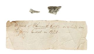 A Small Piece of Granite from Plymouth Rock, together with a written note of explanation, H.- 1/2 in., W.- 7/8 in., D.- 3/16 in.