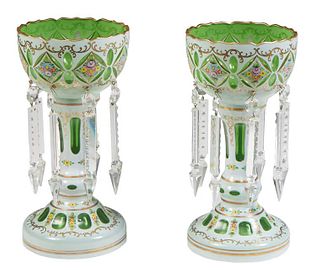 Pair of Green Bohemian Glass Cut-to-Clear Lusters, 19th c., with gilt and enameled floral decoration, hung with long button and spear prisms, H.- 11 3