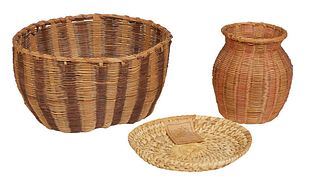 Group of Three Native American Woven Objects, consisting of a Papago coaster; a baluster basket; and a large baluster open basket, Large- H.- 6 1/8 in