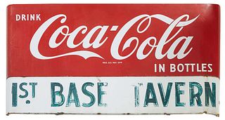 Porcelain Coca-Cola Advertising Sign for First Base Tavern, 20th c., H.- 36 in., W.- 67 1/2 in., D.- 2 1/4 in.