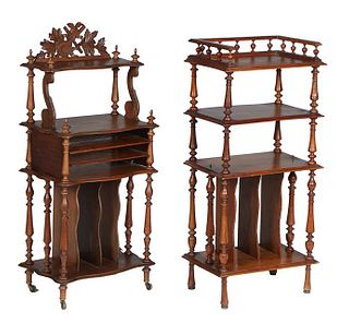 Two French Provincial Carved Walnut Sheet Music Cabinets, 19th c., one with a pierced musical instrument and leaf crest over two graduated shelves and