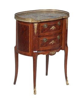 French Louis XVI Style Ormolu Mounted Carved Walnut Marble Top Commode, 20th c., with a brass gallery over a demilune Breche d'Alpes marble, above a b