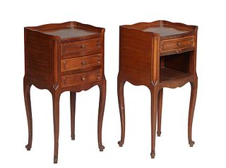 Pair of French Louis XV Style Carved Cherry Nightstands, 20th c., the 3/4 galleried top over a bowed frieze drawer over open storage on one; the other