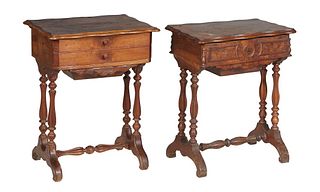Two French Carved Walnut Traivailleuses, 19th c., with ogee edge shaped tops, one with a lifting lid over a compartmented interior and a lower work ba