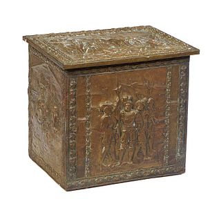 French Brass Clad Repousse Kindling Box, late 19th c., with figural decoration, H.- 20 1/2 in., W.- 21 3/4 in., D.- 17 in.