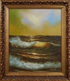J Lapalle, "Ocean Scape with Seagulls," 20th/21st c., oil on canvas, signed lower right, presented in a gilt frame, H.- 23 1/2 in., W.- 19 3/8 in., Fr