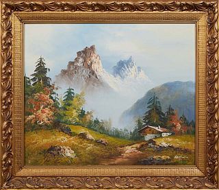 Kantman, "Mountainscape with Cabin," 20th/21st c., oil on canvas, signed lower right, presented in a gilt frame, H.- 19 1/2 in., W.- 23 1/2 in., Frame