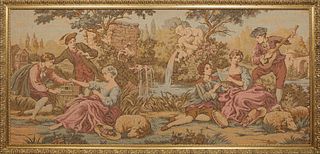French School, "A Leisurely Day in the Garden," 21st c., machine made tapestry, presented in a gilt frame, H.- 26 3/4 in., W.- 59 1/2 in., Framed H.- 