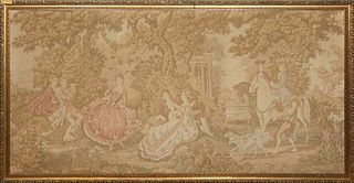 Large French Tapestry, 20th c., of a forest party with men on horseback, and a classical ruin, presented in a relief gilt and gesso frame, H.- 37 1/2 