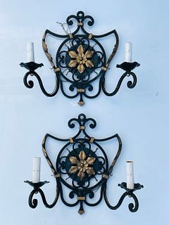 Pair Of Italian Wall Sconces With Metal Gilt Accents