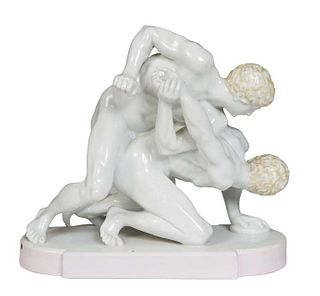 Kister Porcelain Figural Group of Two Classical Male Wrestlers, 20th c., #8881, with blonde colored hair and a pink oval base, H.- 7 in., W.- 7 5/8 in