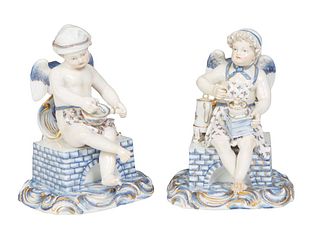 Pair of Meissen Porcelain Angels, 19th c., in blue and white, one preparing porridge, with K116 impressed mark; the second grinding coffee, with a K11