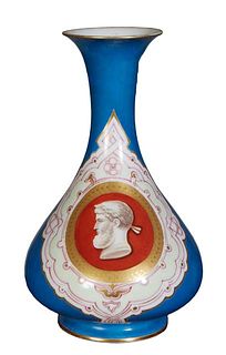 Continental Classical Porcelain Bottle Form Vase, 19th c., with an everted rim, the deep blue side with a painting of a classical male head within a g