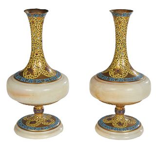 Diminutive Pair of Alabaster and Bronze Champleve Baluster Vases, 19th c., the everted bronze neck with floral decoration over an alabaster center, on