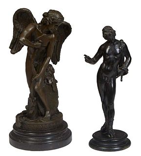 Two Bronze Figures, one after Auguste Moreau (1834-1917), "Love Armed," 20th c., patinated bronze depicting him drawing his bow from the earth, on an 