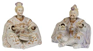 Pair of Chinese Polychromed Bisque Nodders, late 19th c., of a male and female entertainer, she playing a drum, he juggling a ball, H.- 7 in., W.- 6 3