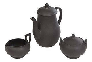 Three Piece Wedgwood Basalt Tea Service, 20th c., consisting of a teapot, creamer and covered sugar, Teapot- H.- 7 3/8 in., W.-m 7 1/4 in., D.- 4 1/2 