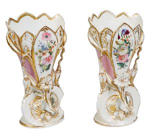 Pair of Old Paris Style Porcelain Flare Vases, 19th c., with gilt and relief decoration and a hand painted floral reserve on one side, impressed "191"