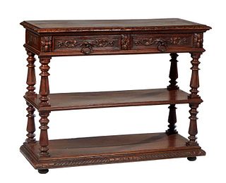 French Provincial Henri II Style Carved Oak Marble Top Server, c. 1880, the carved stepped edge lifting top revealing an inset white marble top over t