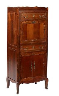 French Provincial Louis XV Style Carved Cherry Fall Front Secretary, 20th c., the 3/4 galleried top over a frieze drawer above a fall front with an in