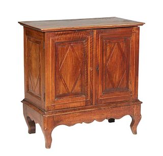 French Provincial Carved Oak Collector's Cabinet, late 19th c., the rectangular top above double cupboard doors with applied and fielded panel decorat