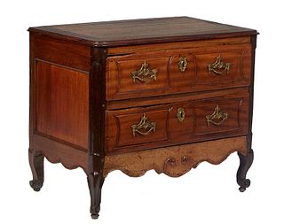 French Provincial Louis XV Style Carved Cherry Commode, 19th c., the rectangular rounded corner top over two deep drawers, on scrolled cabriole legs j
