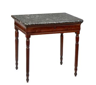 Unusual French Provincial Louis Philippe Carved Walnut Marble Top Writing Table, 19th c., the rounded corner highly figured gray marble over a frieze 