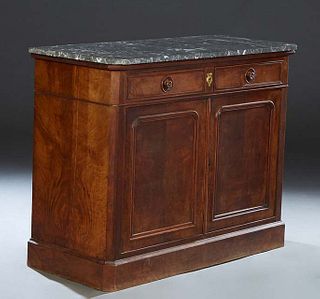 French Louis Philippe Carved Walnut Marble Top Commode, 19th c., the highly figured canted corner gray marble over two frieze drawers above setback do