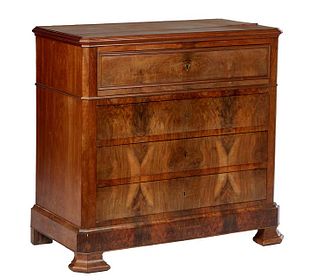 French Provincial Louis Philippe Carved Walnut Secretaire Commode, 19th c., the stepped canted corner top over a fall front secretary drawer with an i