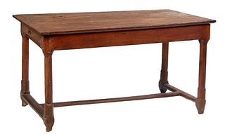 Diminutive French Provincial Carved Walnut Farmhouse Table, 19th c., the rectangular top over a wide skirt with one long frieze drawer, on turned tape