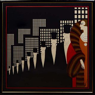 Romain (Erte) De Tirtoff (Russian/French/American, 1892-1990), "Top Hat," 20th c., silkscreen on scarf, signed in print lower left, presented in a bla