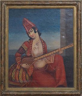 Melik, "Portrait of a Sitar Player," 20th c., oil on canvas, signed upper right, presented in a wood frame, H.- 21 5/8 in., W.- 17 5/8 in., Framed H.-