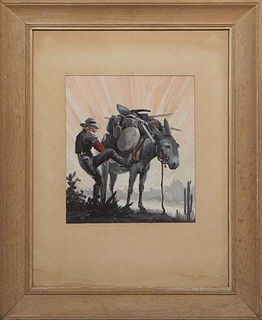 Louis Valentine Bonhajo (American, 1855-1934), "Pack Mule," late 19th/early 20th c., gouache on paper, signed lower left, presented in a bleached wood