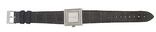 Lalique Stainless Steel "Bacchnates" Wristwatch, #11106, Model 01AC1K, with a grey crocodile Lalique wristband, Watch- H.- 1 1/8 in., W.- 15/16 in., L