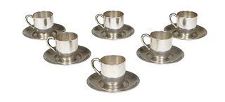 Twelve Piece Mexican Sterling Espresso Set, by Fabian, Mexico, consisting of six cups and six saucers, Cups- H.- 1 7/8 in., W.- 1 7/8 in., D.- 2 9/16 