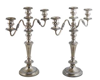 Pair of English Silverplated Three Light Convertible Candelabra, early 20th c., with a central candle cup over two scrolled arms with candle cups, ato
