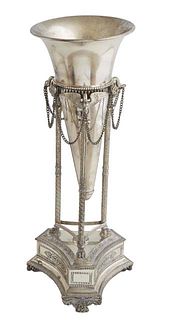 Empire Style Silverplate Trumpet Vase, 19th c., the trumpet in a relief frame with swans topped supports, joined by chain swags, on relief columns wit