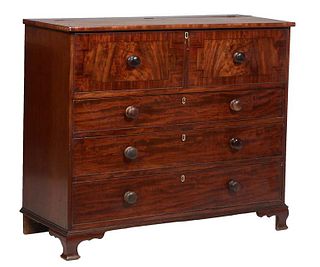 English Line Inlaid Carved Mahogany Blanket Chest, 19th c., the lifting top over two faux drawers above three graduated drawers, on a plinth base with