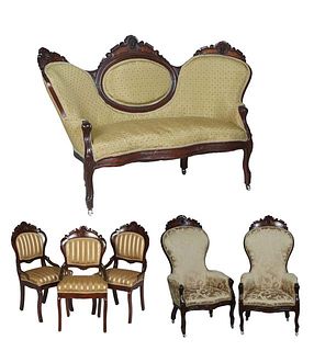 In the Manner of John Jeliff (1800-1899, New Jersey), American Six Piece Parlor Suite, 19th c., consisting of a medallion back settee, two bergeres, a