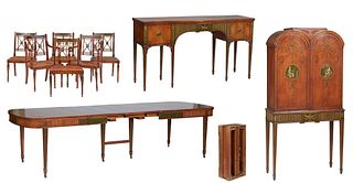Robert Irwin (1919-1953), Nine Piece Adams Satinwood Dining Room Suite, 20th c., consisting of a bowfront serpentine top sideboard, on tapered reeded 
