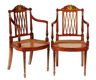 Pair of Italian Paint Decorated Mahogany Cane Seat Armchairs, 19th c., the arched crest with floral painting over an oval reserve of a classical woman