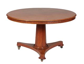 English Carved Mahogany Tilt Top Dining Table, the stepped rounded edge circular top over a wide skirt, on a tapered octagonal columnar support, on a 
