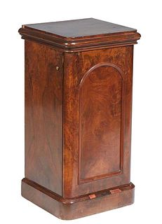 English Carved Mahogany Nightstand, 19th c., by R. Garnett & Son, #1722, the stepped rounded corner top over a long arched panel door, on a plinth bas