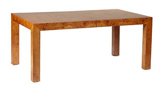 Burled Walnut Mid-Century Modern Dining Table, 20th c., by Milo Baughmann for Thayer Coggin , the rectangular top with a wide skirt, on square block l