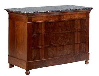 French Provincial Louis Philippe Carved Walnut Marble Top Commode, 19th c., the rounded edge and corner highly figured gray marble over a cavetto frie