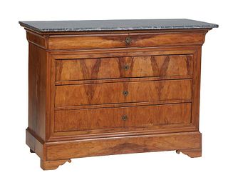 French Provincial Louis Philippe Carved Walnut Marble Top Commode, 19th c., the rounded corner reeded edge highly figured gray marble over a cavetto f