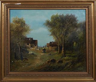 Pol Petier (French), "Village Scene," early 20th c., oil on canvas, signed lower right, presented in a gilt frame, H.- 17 5/8 in., W.- 21 1/2 in., Fra