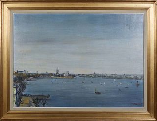 Jean-Pierre Remon (French, 1928), "Vue de la Rochelle," 20th c., oil on canvas, presented in a gilt frame, H.- 25 1/4 in., W.- 35 5/8 in., Framed H.- 