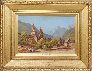 British School, "View of St. Maurice," 1896, oil on board, unsigned, with a "Winsor & Newton Prepared Academy Board" en verso, with location and date 
